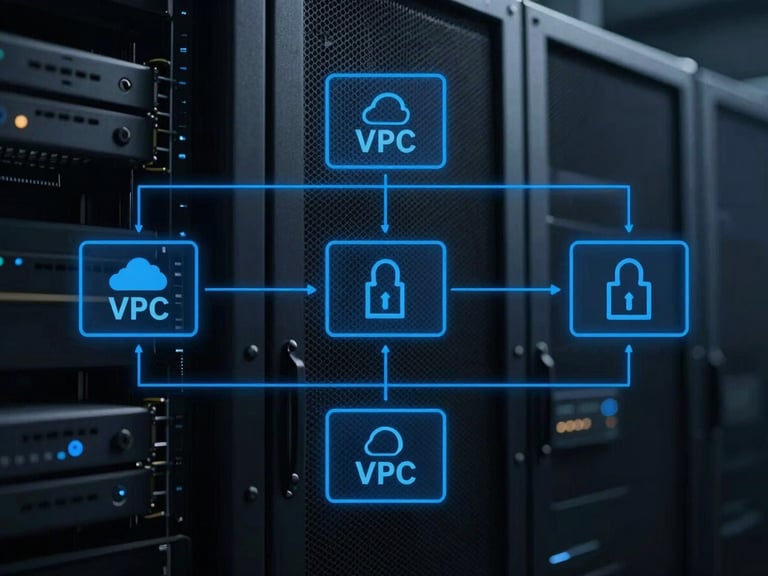 Abstract architectural diagram of cloud VPC subnets and security groups, high-contrast blueprint style, electric blue vector lines on dark background