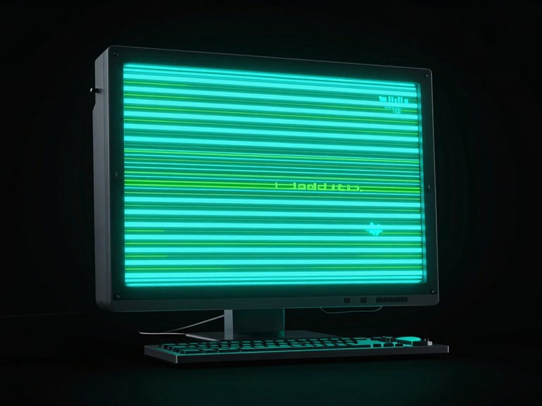 lo-fi digital 3d render of a retro-futuristic computer monitor glowing with electric cyan and neon green, flat orthographic perspective, dark cybernetic mood