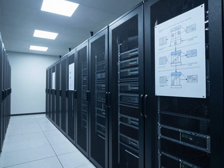 Wide-angle interior of a secure server infrastructure room, cool blue-white overhead lighting, rows of rack-mounted equipment receding into depth, compliance architecture diagrams pinned to a side wall, no people, clinical and precise