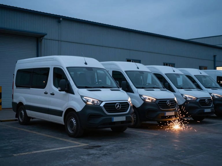 Branded mobile service fleet vehicle parked on an industrial site at dusk, dramatic shadows, cool blue tones, ready for deployment.