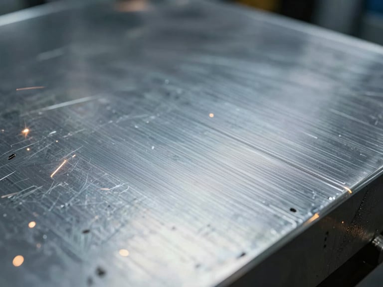 Close-up macro shot of a freshly machined metal surface, showing precise tool paths and a smooth finish, under cool industrial lighting with sharp details.