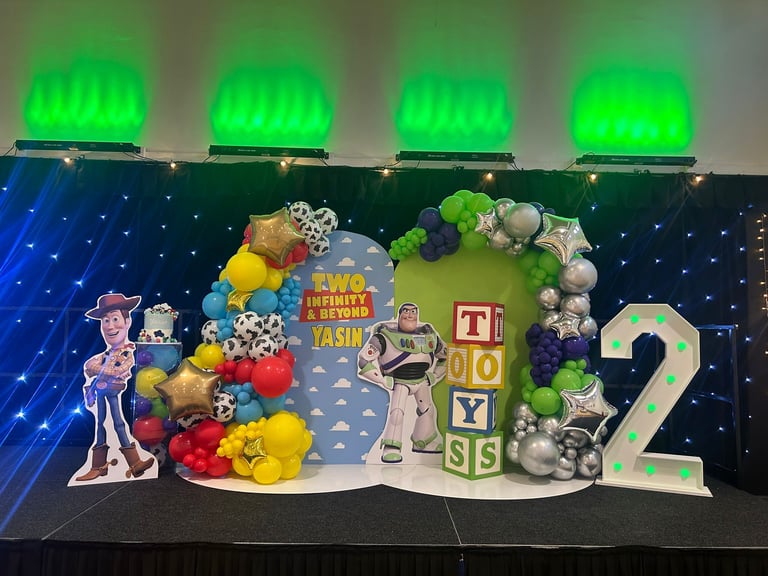 Toy Story themed birthday balloon display for children’s party in Liverpool
