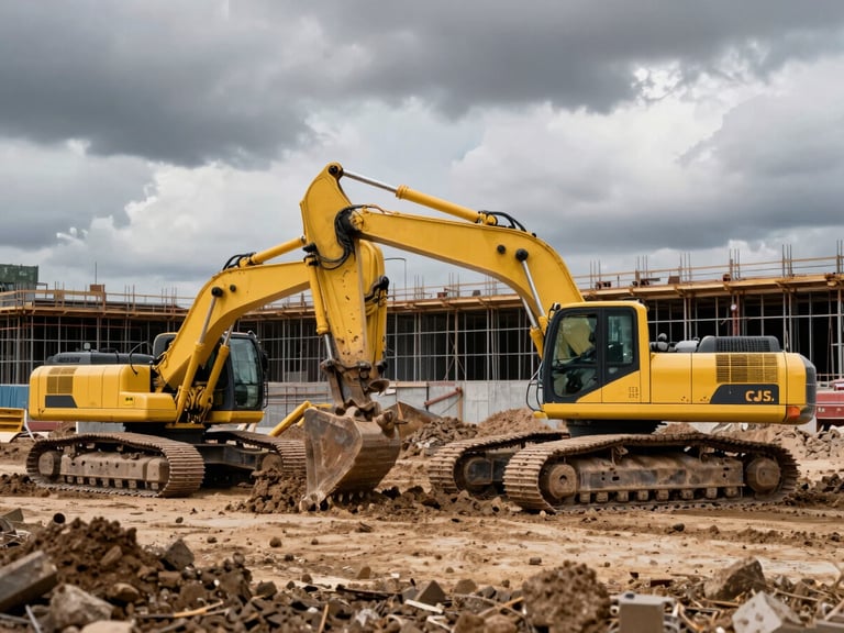 Wide environmental shot of active heavy civil construction site with large yellow excavators moving earth under dramatic overcast sky, deep structural steel framing visible in background