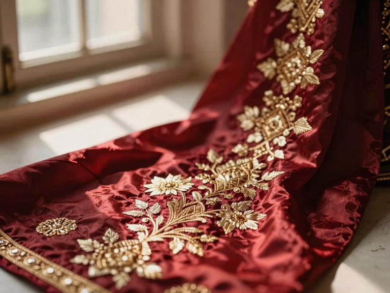 Close-up of intricate gold embroidery on deep crimson hand-loomed silk, soft window light highlighting the rich textile texture, shallow depth of field.
