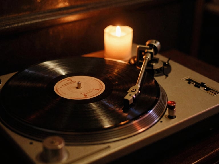 Low-angle shot of a vintage turntable spinning a vinyl record in a dark, candle-lit bar, warm incandescent glow on the brass tonearm, deep shadows, 35mm film grain