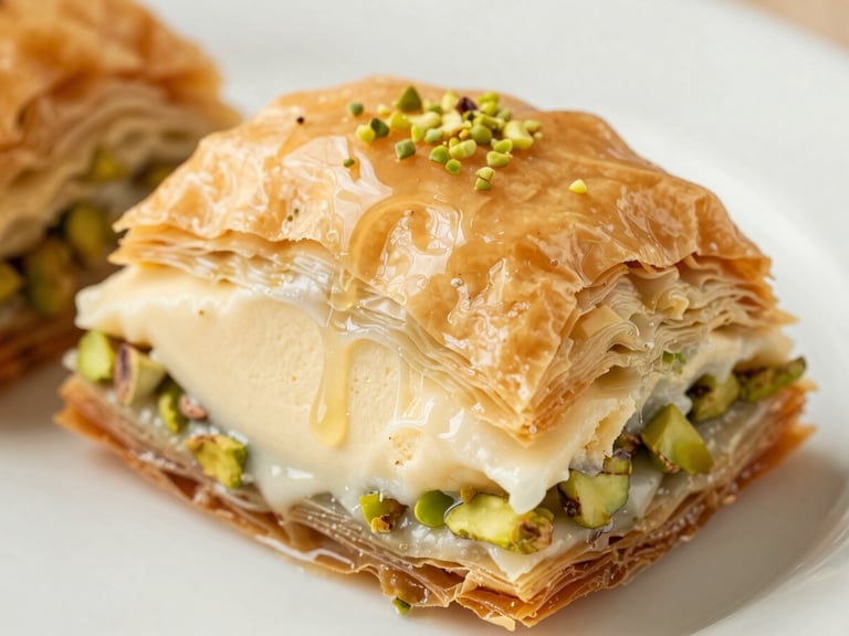 Close-up of crispy golden baklava layers sandwiching a thick slice of stretching Maraş ice cream, glistening syrup, warm editorial food photography
