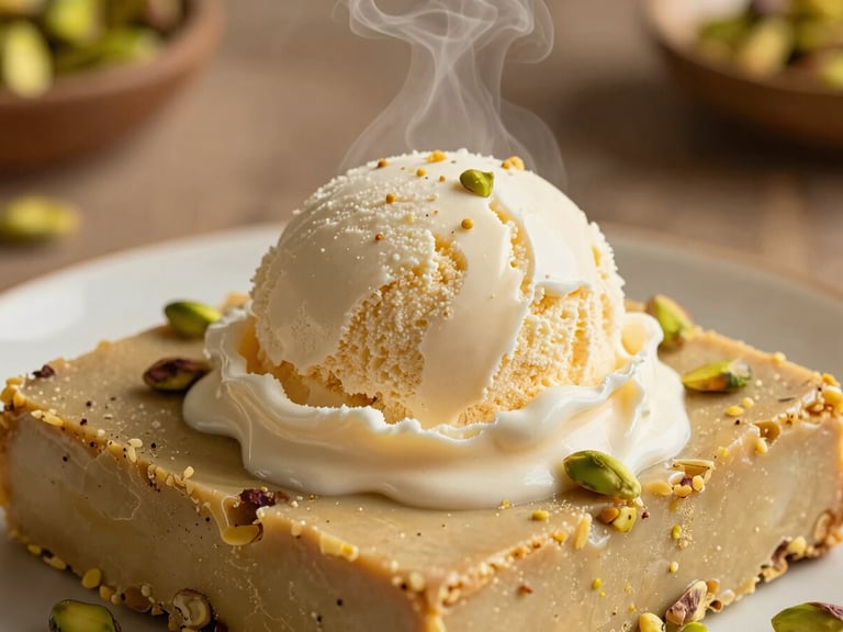 Macro shot of warm semolina halva served with a scoop of melting Maraş ice cream inside, steam rising, warm afternoon side-light