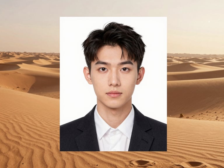 Example of a professional passport photo, headshot with neutral expression and white background