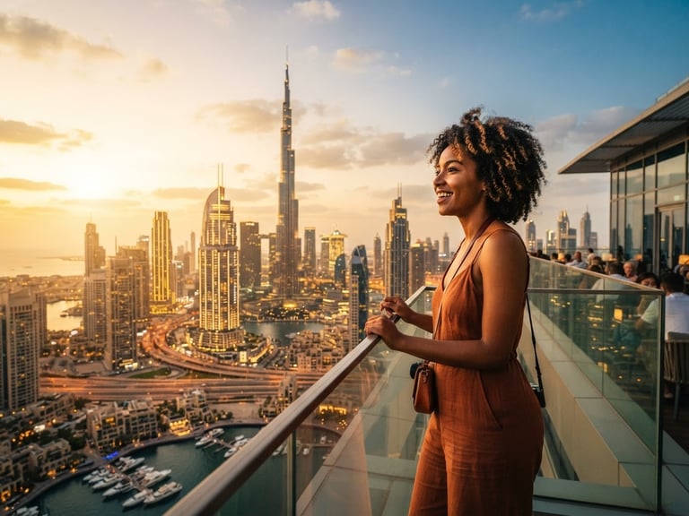 Diverse global traveler looking at a modern cityscape, Dubai skyline in soft golden hour light, with a sense of anticipation and ease.