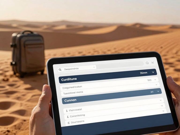 Digital flight booking confirmation on a tablet screen, travel items in the background