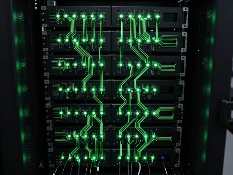 Overhead technical composition of a server rack control interface, neon green indicator lights tracing active data pathways across black hardware panels, circuit-board geometries visible under dramatic backlight, deep shadow framing the periphery, zero human presence — pure infrastructure as a prestige object