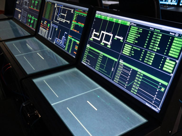 Wide overhead shot of a command-center interface panel displaying live operational pipeline dashboard — multiple data channels active, neon green status indicators, deep black surface with frosted glass card overlays, cinematic high-contrast backlight, hardware cables visible at edge, no people