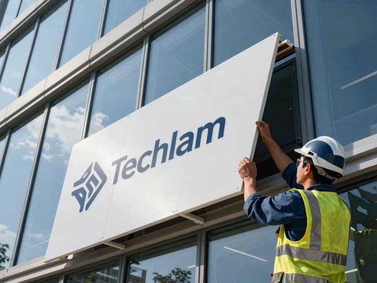 Close-up of a worker in safety gear installing a large-format Techlam porcelain panel on an exterior wall, sharp focus, dramatic workshop lighting