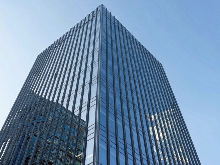 Low-angle architectural photography of a towering modern glass facade reflecting a bright blue sky, sharp daylight, steel blue tones, professional tilt-shift lens