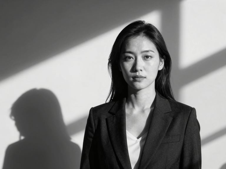 High-contrast black and white studio portrait of a female executive, sharp natural lighting, deep architectural shadows, cool tones, professional and direct.