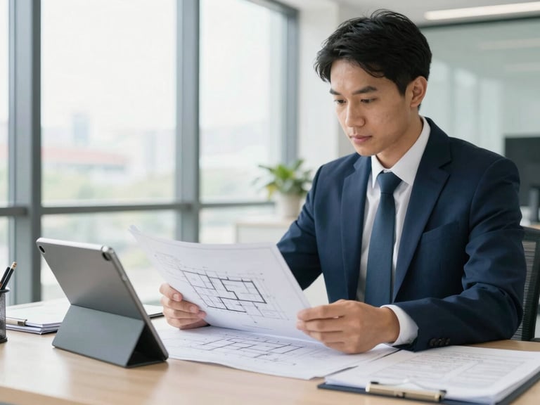 Crisp environmental portrait of a professional insurance underwriter in a bright, modern workspace reviewing architectural blueprints next to a tablet, natural daylight, sharp focus.
