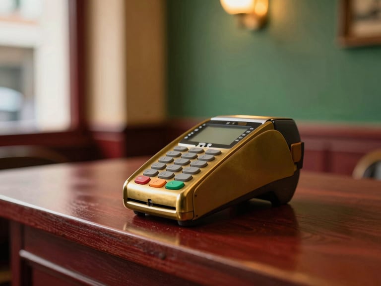 Close-up of a sleek brass payment terminal in a warm, cozy restaurant interior, soft golden hour light, editorial business photography