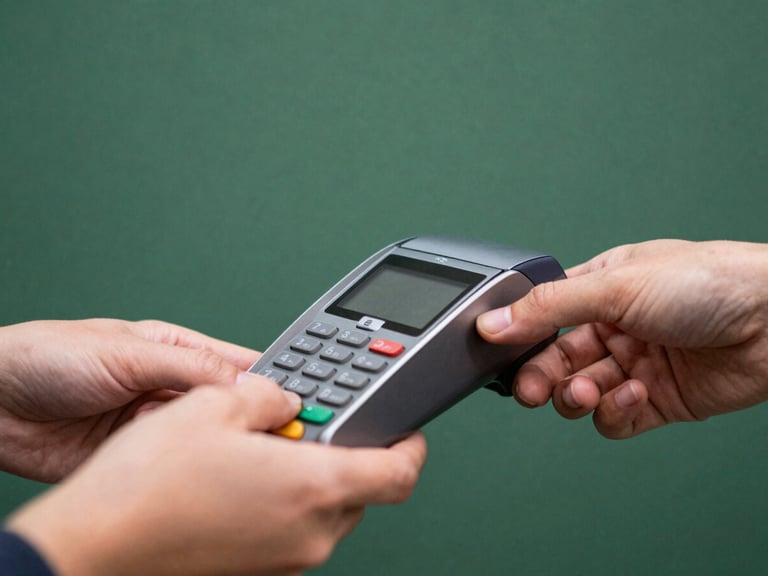 Close-up of a sleek payment terminal in a busy retail boutique, hands exchanging a card, soft natural daylight, matte green background.