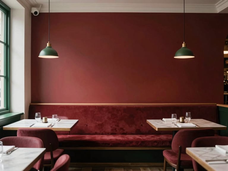 Warm cozy hospitality interior with soft natural light, a quiet restaurant dining room in London, editorial 35mm