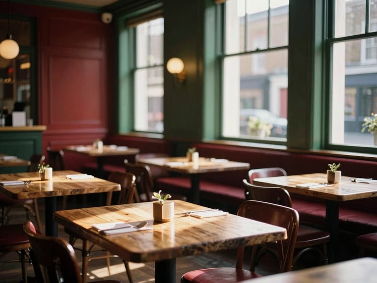 Editorial 35mm photograph of a cozy London restaurant interior, warm golden hour light streaming through windows, rustic wooden tables, soft crimson accents.