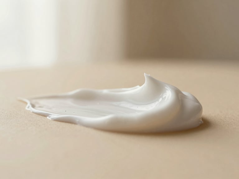 Macro close-up of smooth white cosmetic cream texture with a soft ripple, warm beige background, 35mm