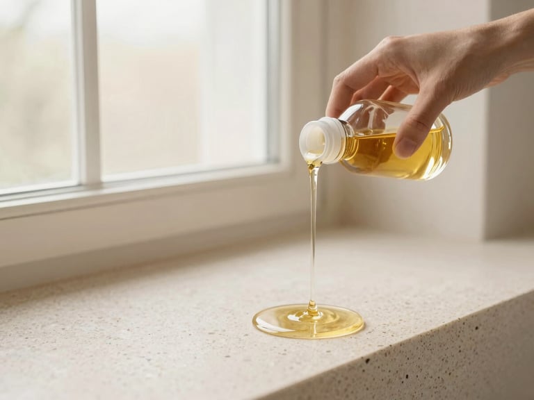 Hands pouring golden body oil onto textured travertine, soft morning window light, 35mm