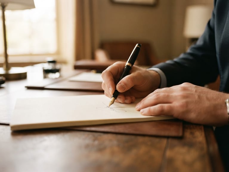 Close-up of hands signing fine textured paper with a fountain pen, soft natural window light, warm wooden table, elegant minimalist legal office setting, shallow depth of field, 35mm photography