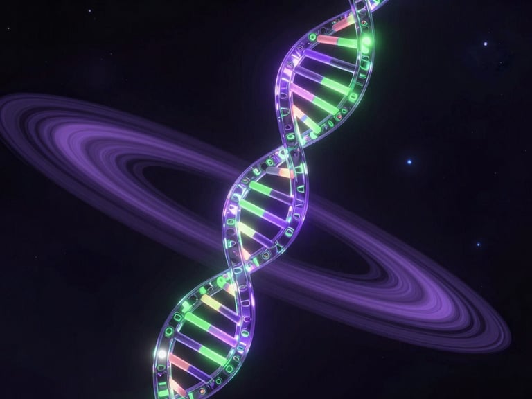 Futuristic 3D render of a glowing DNA helix floating amidst planetary rings, neon green accents, cinematic dark space lighting