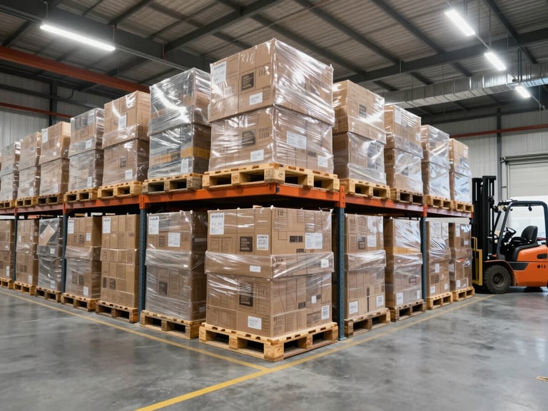 Panoramic wide shot inside a modern distribution warehouse, stacked pallets of boxed goods organized in neat rows under high bay lighting, forklift visible in the far right background, clean industrial floor markings, bright ambient warehouse light, no people in foreground