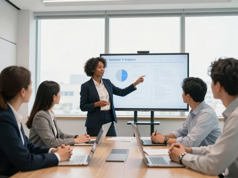 editorial corporate photography of a minority tech founder presenting a slide deck to corporate partners in a bright modern boardroom, 35mm