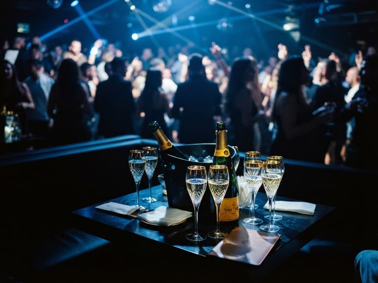 Dramatic low-key club interior in Palma de Mallorca, electric blue strobe lighting, golden champagne glasses on a VIP table in the foreground, elegant crowd in upscale evening wear blurred in the background, 35mm film style
