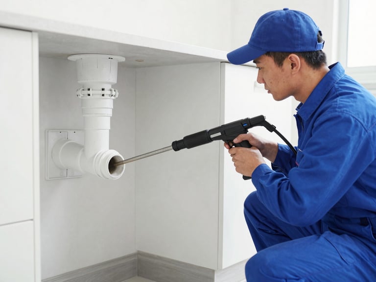 Professional plumber technician using high-pressure jetting equipment to clear a main drain line in a clean utility room, crisp editorial photography, bright natural daylight, clean blue and white tones, sharp focus, professional depth of field, medium shot
