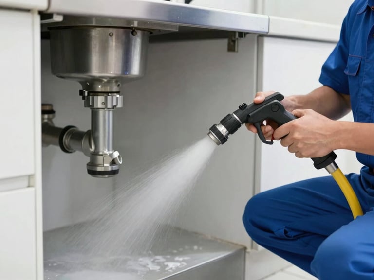 Professional plumber technician holding a high-pressure hose for hydro-jetting in a commercial kitchen drain, clean and modern setting, crisp editorial photography, bright natural daylight, clean blue and white tones, sharp focus, professional depth of field