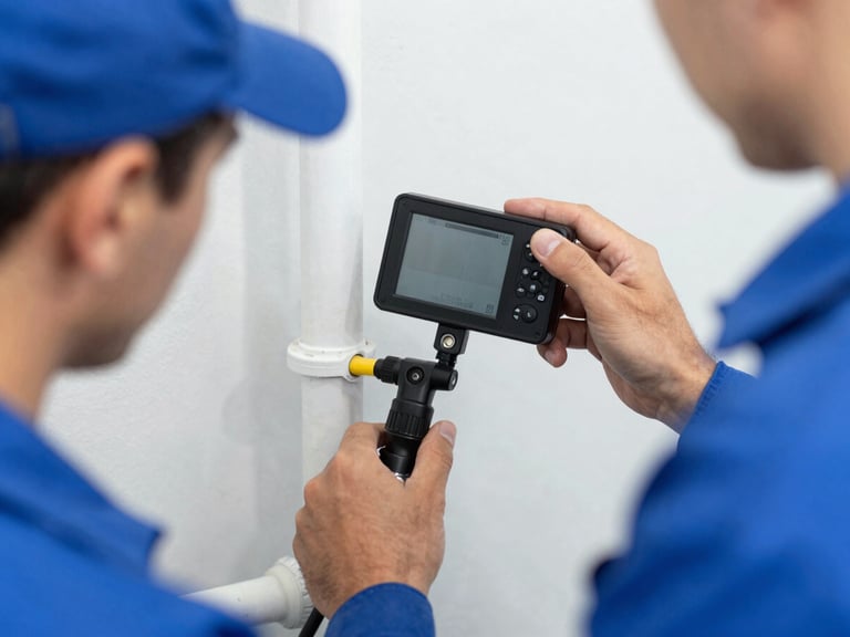 Close-up of a plumber technician's hands operating a camera monitor for pipe inspection, showing a clear view inside a clean pipe, crisp editorial photography, bright natural daylight, clean blue and white tones, sharp focus, professional depth of field