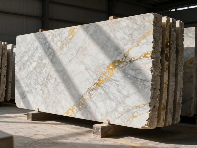 Side-lit industrial view of a premium stone yard, massive slabs of highly veined white and gold marble stacked neatly, dramatic shadows, architectural scale.