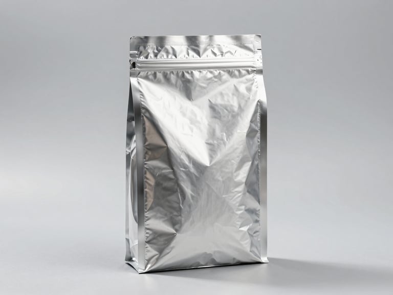 Sharp studio product photography of a custom-printed matte barrier foil mylar bag standing upright on a clean slate-gray surface under bright high-contrast industrial studio lighting
