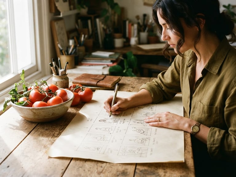 Warm editorial photography of a designer sketching a storyboard on parchment paper next to a bowl of ripe crimson tomatoes, soft natural daylight, high-contrast shadows, 35mm.