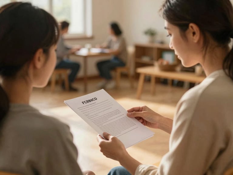 A supportive community advocate sitting with a mother in a local community center, warm golden light, focused on their hands holding a document.