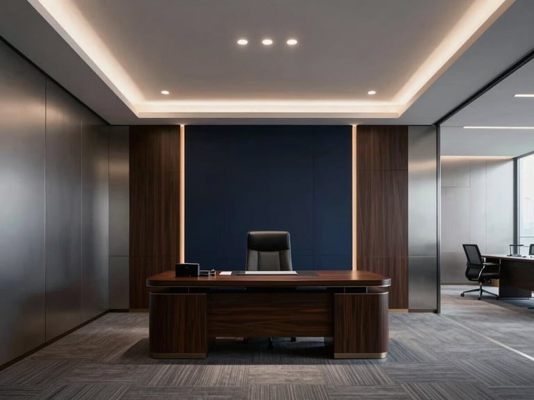 Elegant private office interior, clean symmetrical lines, steel and dark wood details, soft dramatic lighting, high-end professional atmosphere