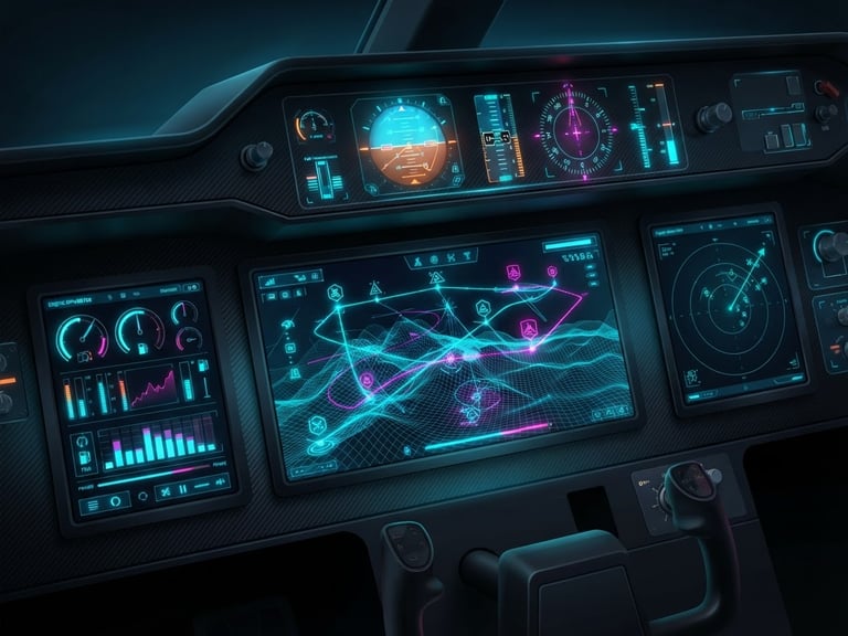 Sleek 3D vector illustration of a futuristic digital flight instrument panel with glowing cyan flight paths, dark mode aesthetic, high-tech digital glow