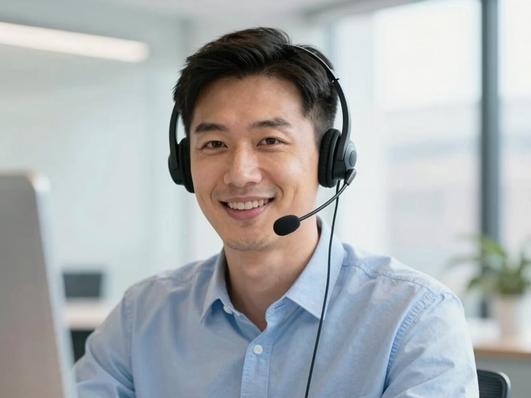 Medium close-up of a friendly UK-based broadband advisor wearing a headset in a bright, modern London office, soft daylight, shallow depth of field