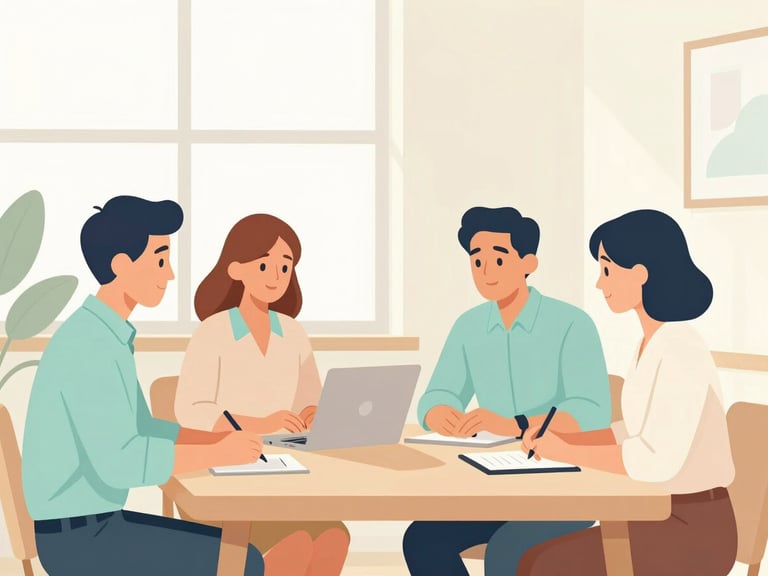 Bright and airy portrait of professional consultants collaborating around a light-wood table, soft natural window light, pastel mint and cream color accents in the modern office environment.