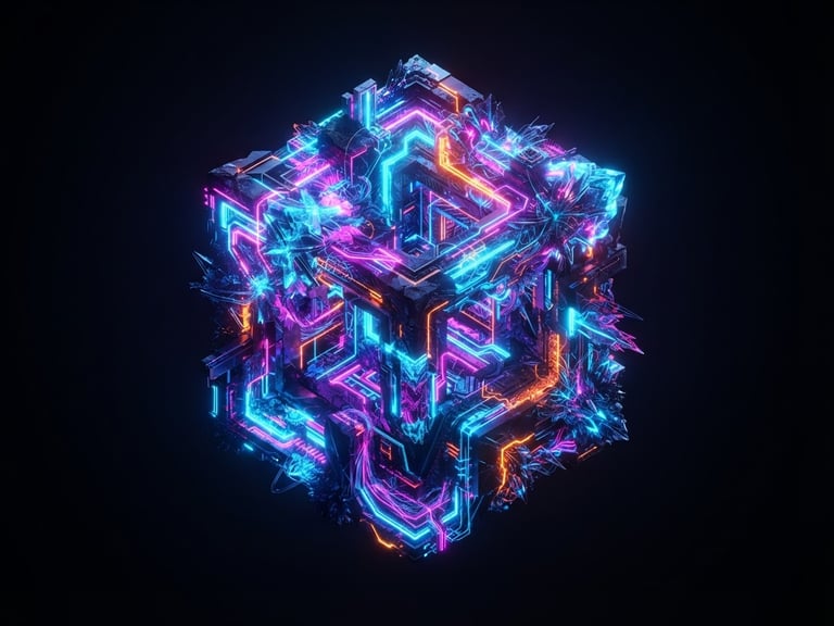 Surreal digital art, high-contrast neon luminescence, deep shadows, ultra-detailed synthetic textures, octane render, a centered impossible perspective of a floating geometric monolith in a dark void