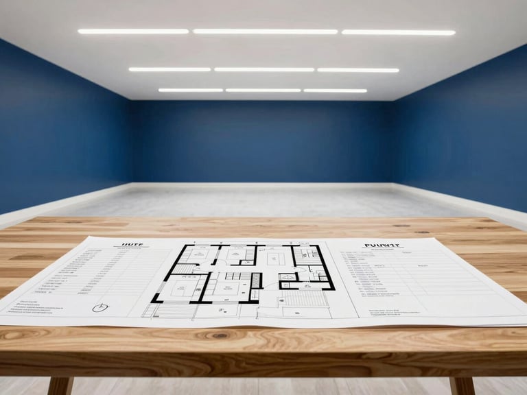 Architectural rendering of a modern basement renovation plan, showing timelines and permit documents on a desk, clean light.