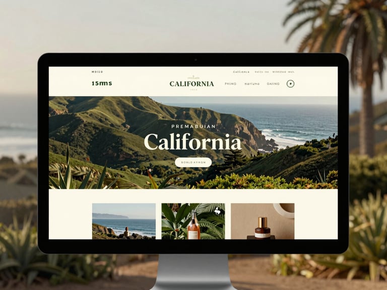 Clean digital interface mockup of a premium California brand website displayed on a sleek screen, warm natural light background