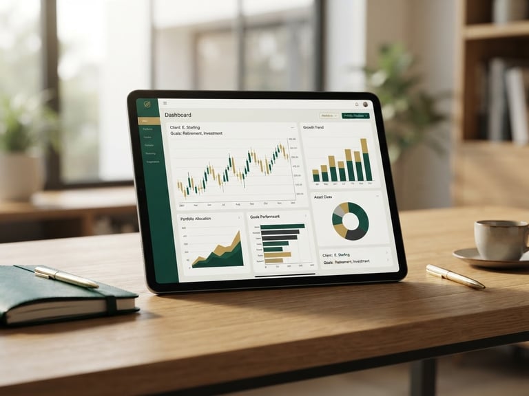 Sleek digital mockup of financial planners on a tablet screen, soft natural morning light, deep emerald accents, clean professional workspace