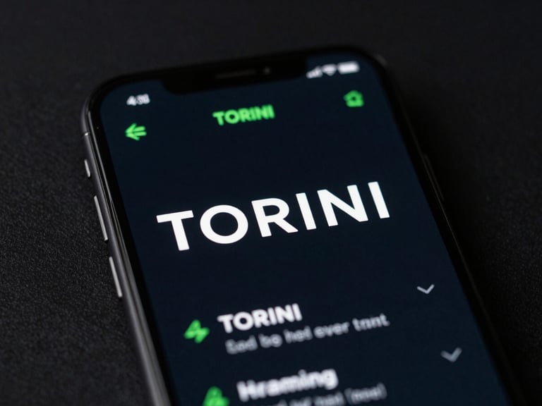 Smartphone screen showing TORINI app UI in deep dark mode, crisp white text, neon green highlights, moody studio environment.