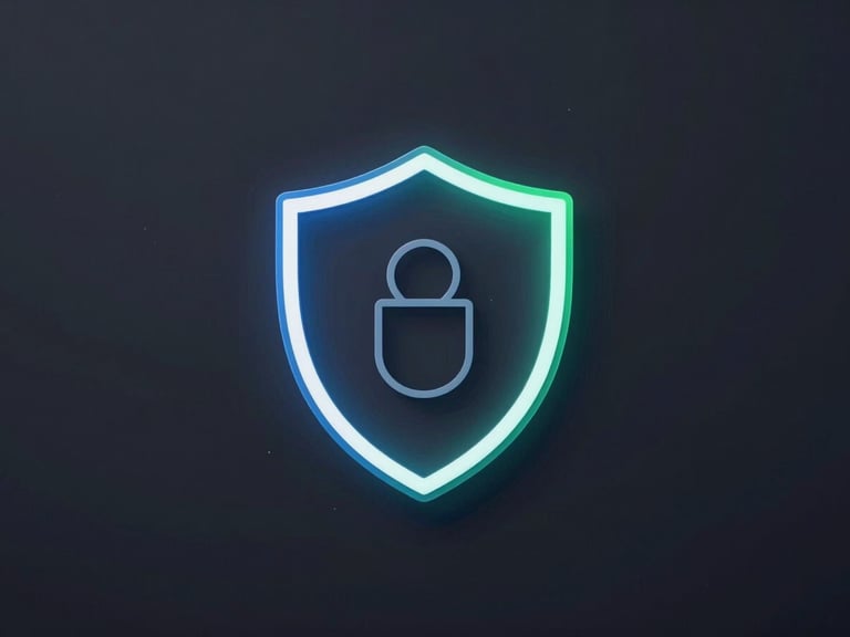 Abstract vector wireframe UI with a privacy shield icon, deep charcoal background, subtle blue and green light reflections.
