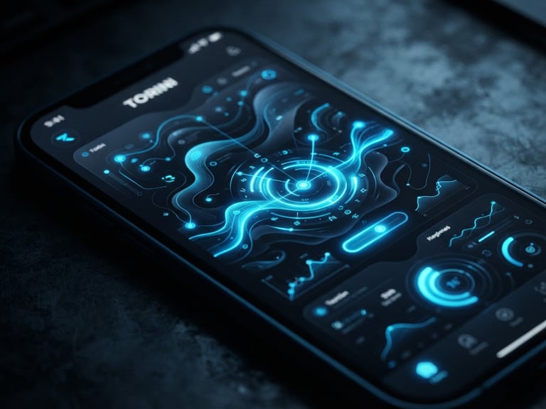 Macro close-up of a smartphone screen displaying a TORINI utility app with a fluid, dark-mode UI, electric blue accents, and a subtle neon glow reflecting off the screen edge, low-key studio lighting.