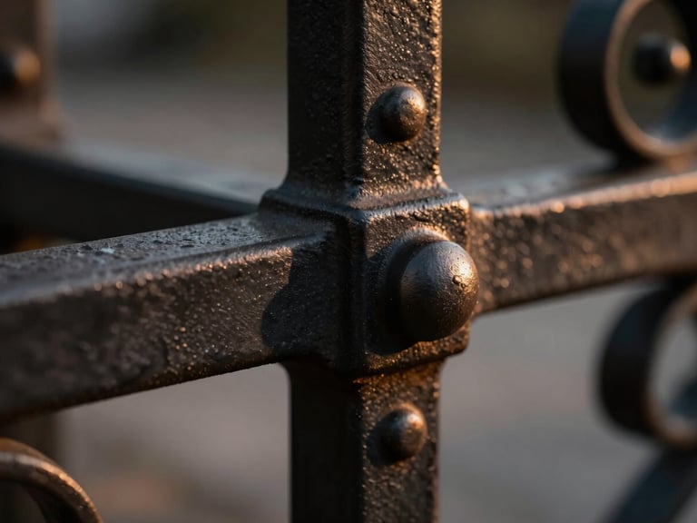 Close-up of a hand-forged architectural iron joint, matte black texture with subtle bronze highlights, dramatic side lighting, shallow depth of field.